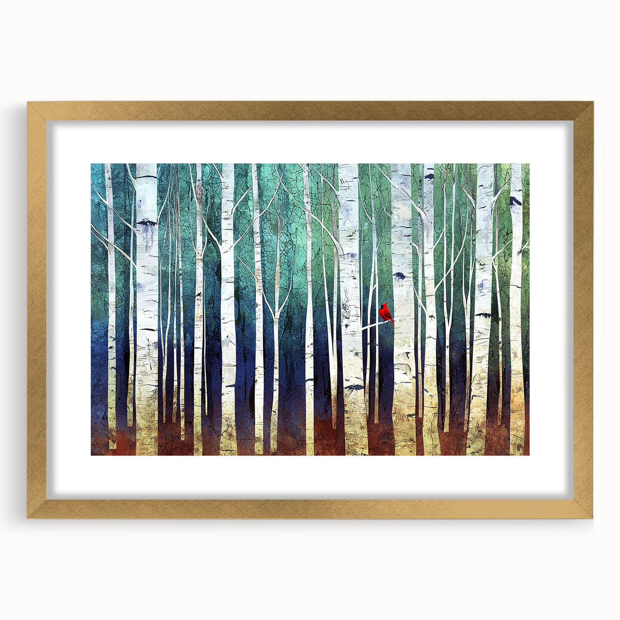 Abstract landscape art print framed in gold with a mat, showcasing vibrant colors and an intricate design, perfect for modern home decor or artistic displays.