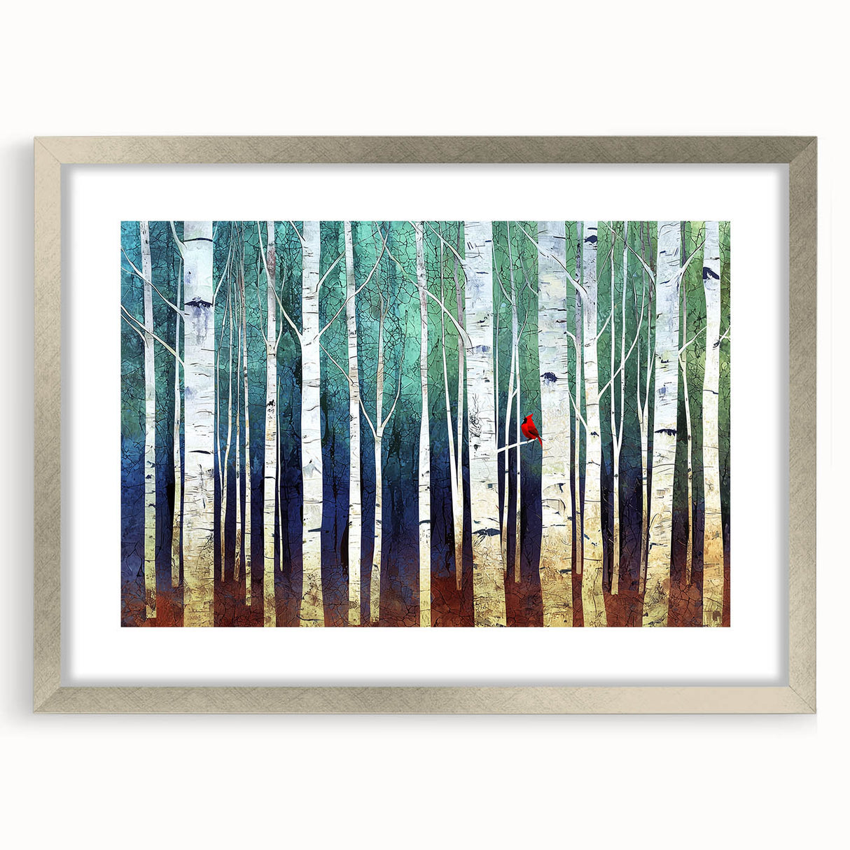 Abstract landscape framed artwork with a silver mat, showcasing soft colors and fluid shapes, perfect for modern home decor. The frame enhances the visual depth and elegance of the piece.