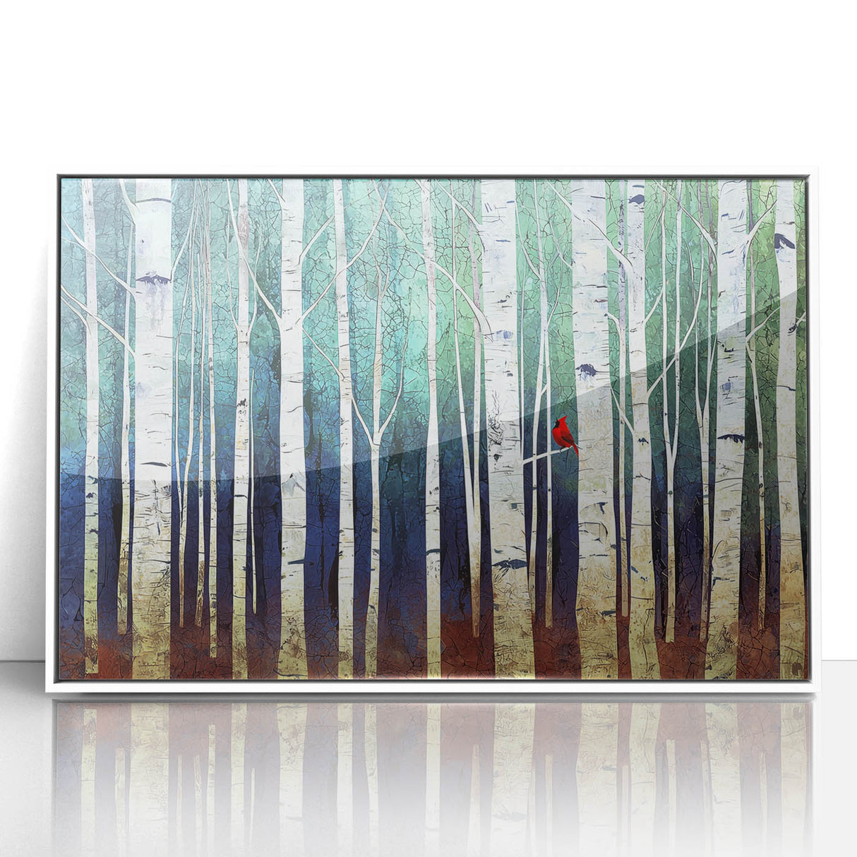 Framed acrylic art piece showcasing a vibrant abstract landscape with a white frame, perfect for modern home decor. Ideal for adding color and style to living spaces.