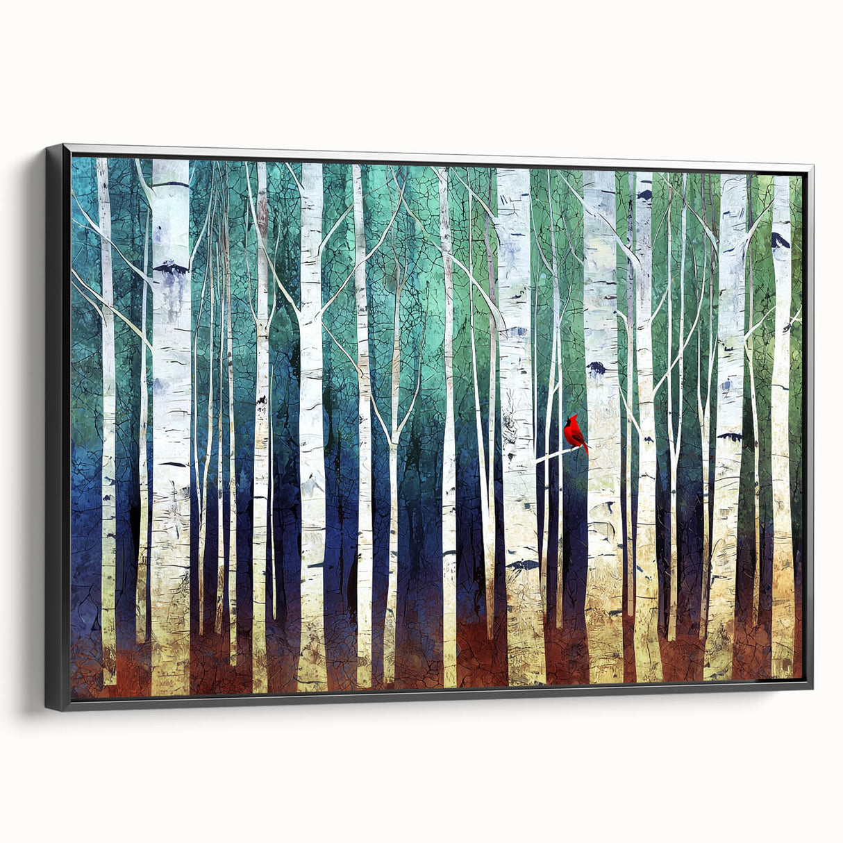 Framed abstract landscape canvas artwork showcasing vibrant colors, accented with a sleek black frame, ideal for modern home decor or office spaces.