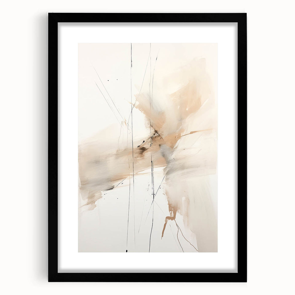 Abstract minimalist wall art framed in black with a white mat, showcasing geometric shapes and soft colors, perfect for modern home decor.