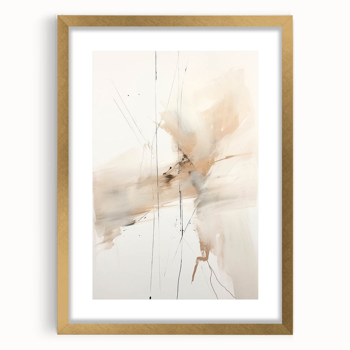 Abstract minimalist wall art framed in gold, showcasing geometric shapes and soft neutral tones, perfect for modern decor in living spaces.