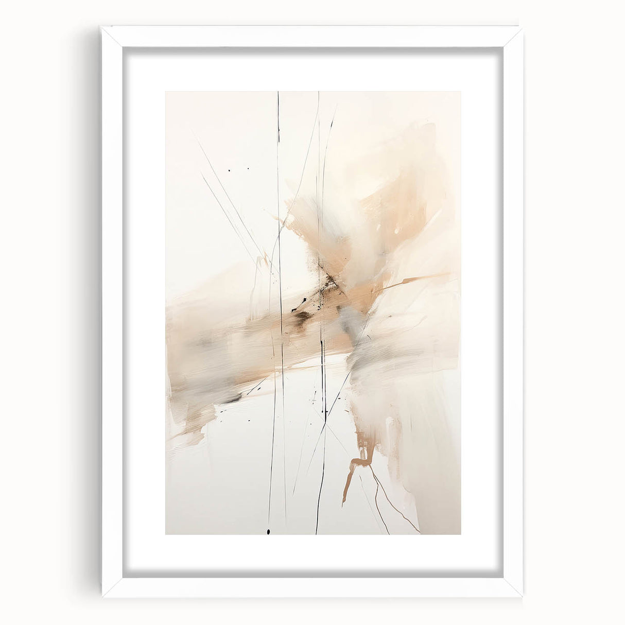 Abstract minimalist wall art framed in white, showcasing a geometric design with subtle color gradients, perfect for modern home decor.