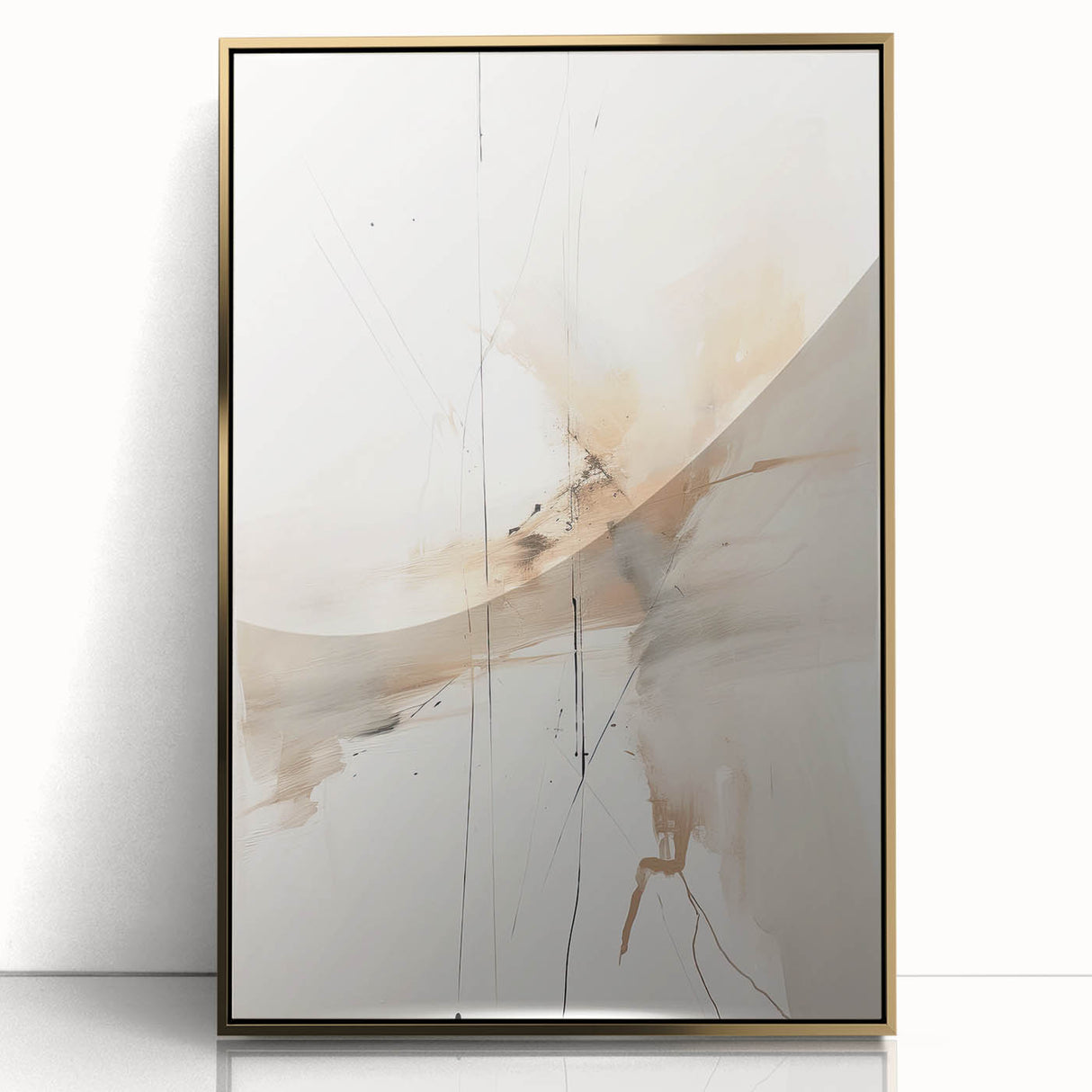 Framed abstract minimalist wall art featuring gold accents and a sleek acrylic design. Perfect for modern decor, enhancing contemporary living spaces with elegance.