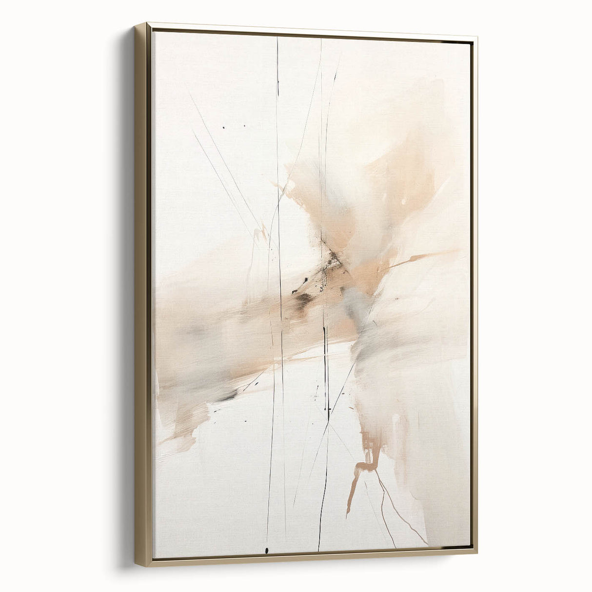 Framed abstract minimalist wall art featuring a gold and white design, displayed from a side view, perfect for modern home decor to enhance any living space.