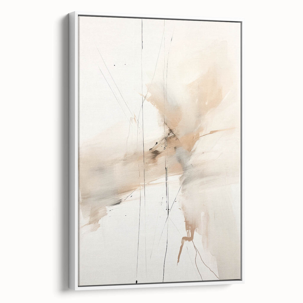 Framed abstract minimalist wall art in a sleek white frame, showcasing a subtle blend of soft colors and geometric shapes, ideal for modern home décor.