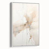 Framed abstract minimalist wall art in a sleek white frame, showcasing a subtle blend of soft colors and geometric shapes, ideal for modern home décor.