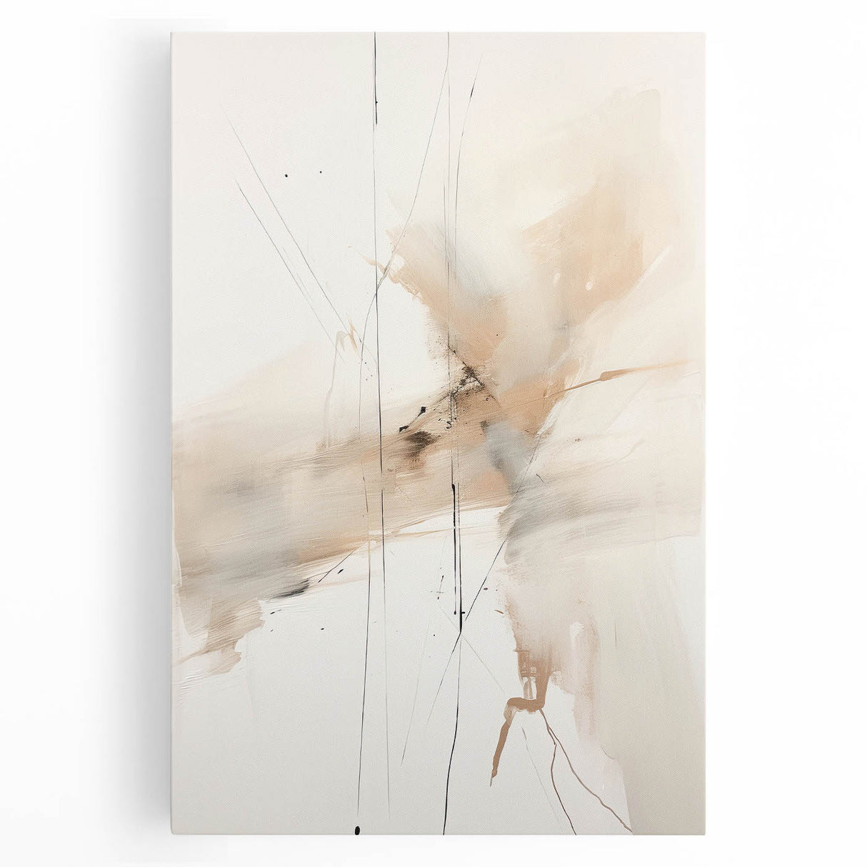 Abstract minimalist wall art on stretched canvas, showcasing soft earth tones and geometric shapes, perfect for modern home decor. Ideal for living room or office.