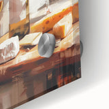 Large abstract wall art in mid-century modernist style with vibrant hues on acrylic glass, ideal for dining room ambiance.