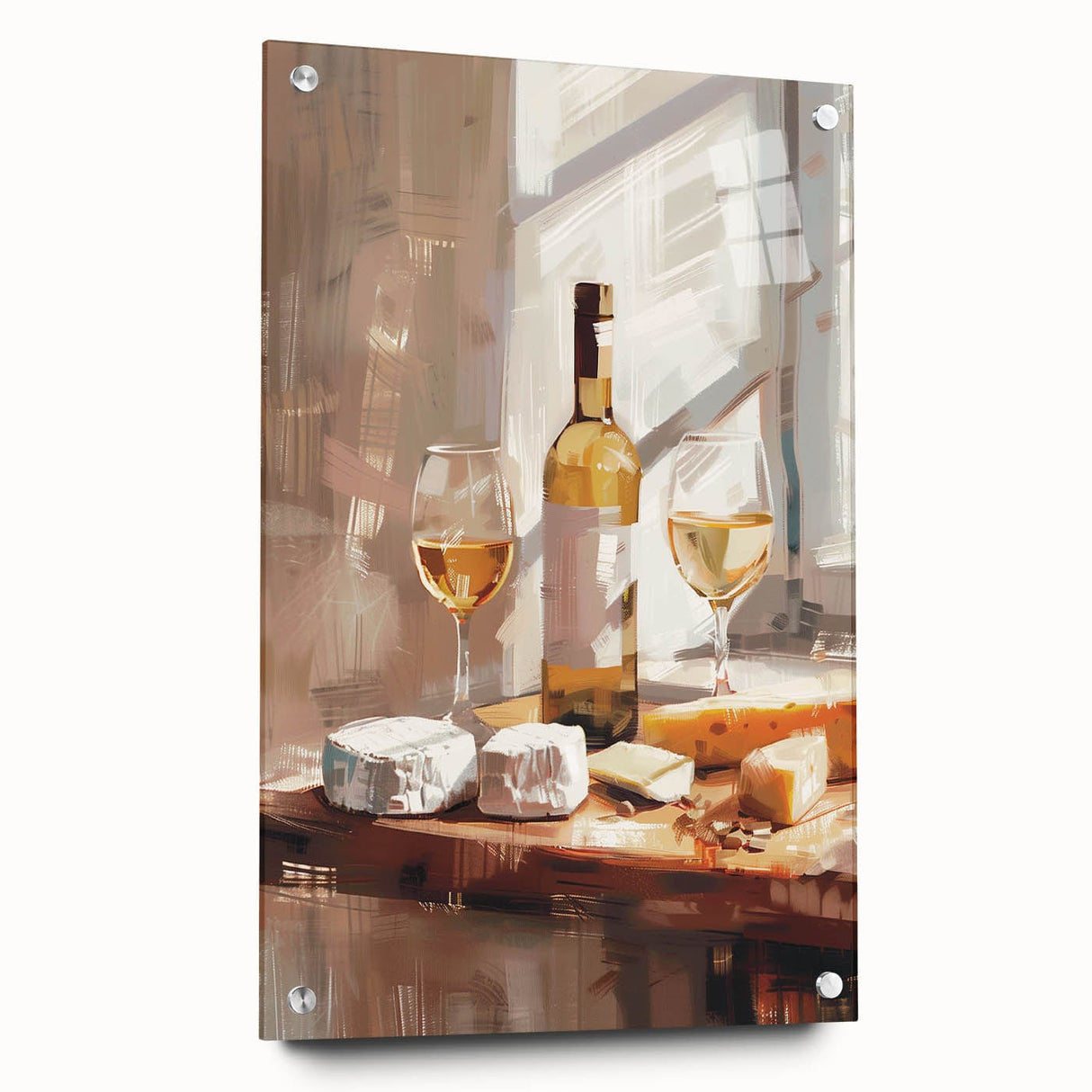 Large abstract wall art on acrylic glass depicting vibrant, multicolor swirls, ideal for dining room decor.