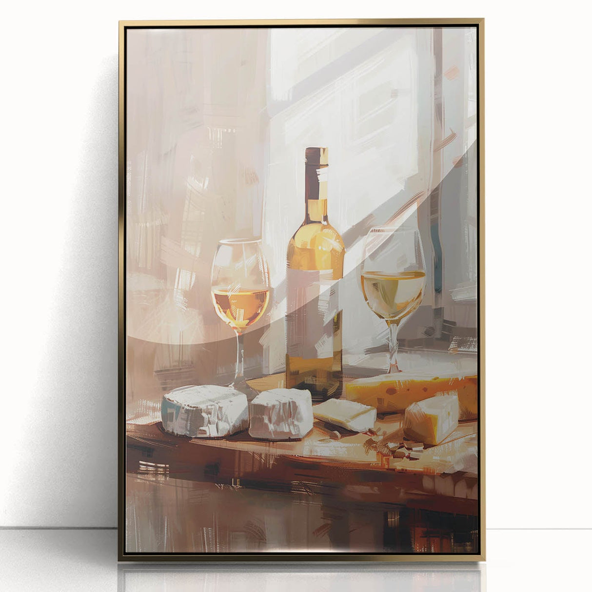 Large art print of assorted fruits and beverages in a mid-century modernist style, framed in gold.