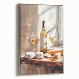 Framed canvas of a vintage landscape art painting featuring a colorful, abstract food and drink scene.