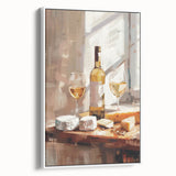 Vintage poster art of various foods and drinks on a white framed canvas, featuring colorful art on a black background.
