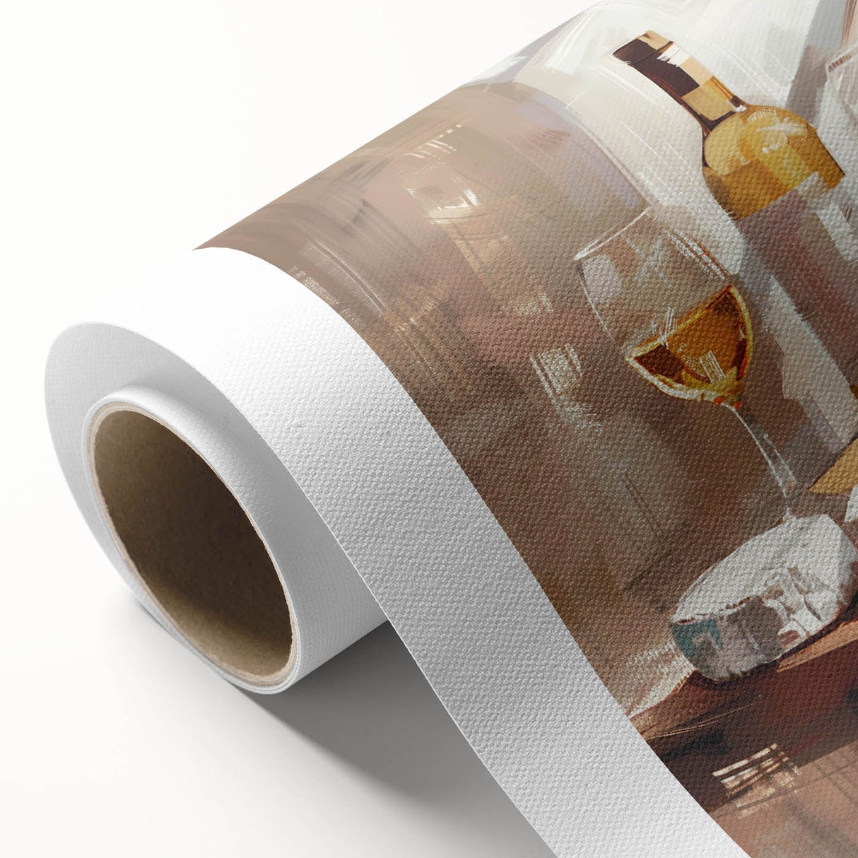 Art deco poster of food and drinks on rolled canvas, using muted earth tones, ideal for dining room wall art.