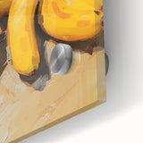 Close-up of large abstract wall art featuring assorted fruits in vibrant colors on acrylic glass.
