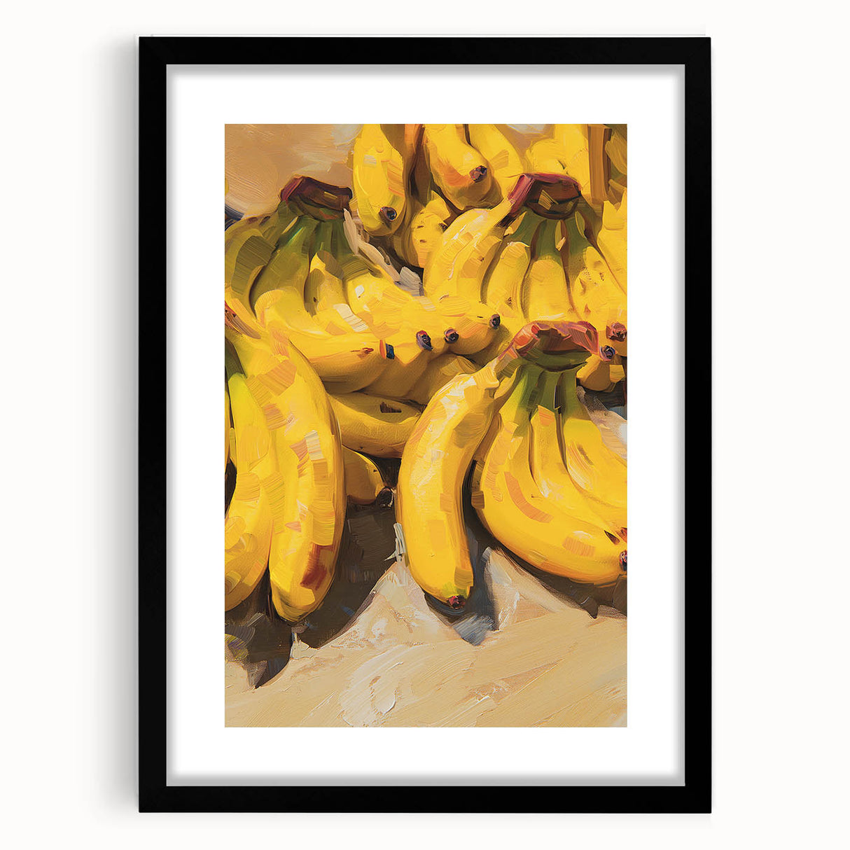 Extra large abstract art print featuring colorful, textured fruits on canvas, framed in black, ideal for living room decor.