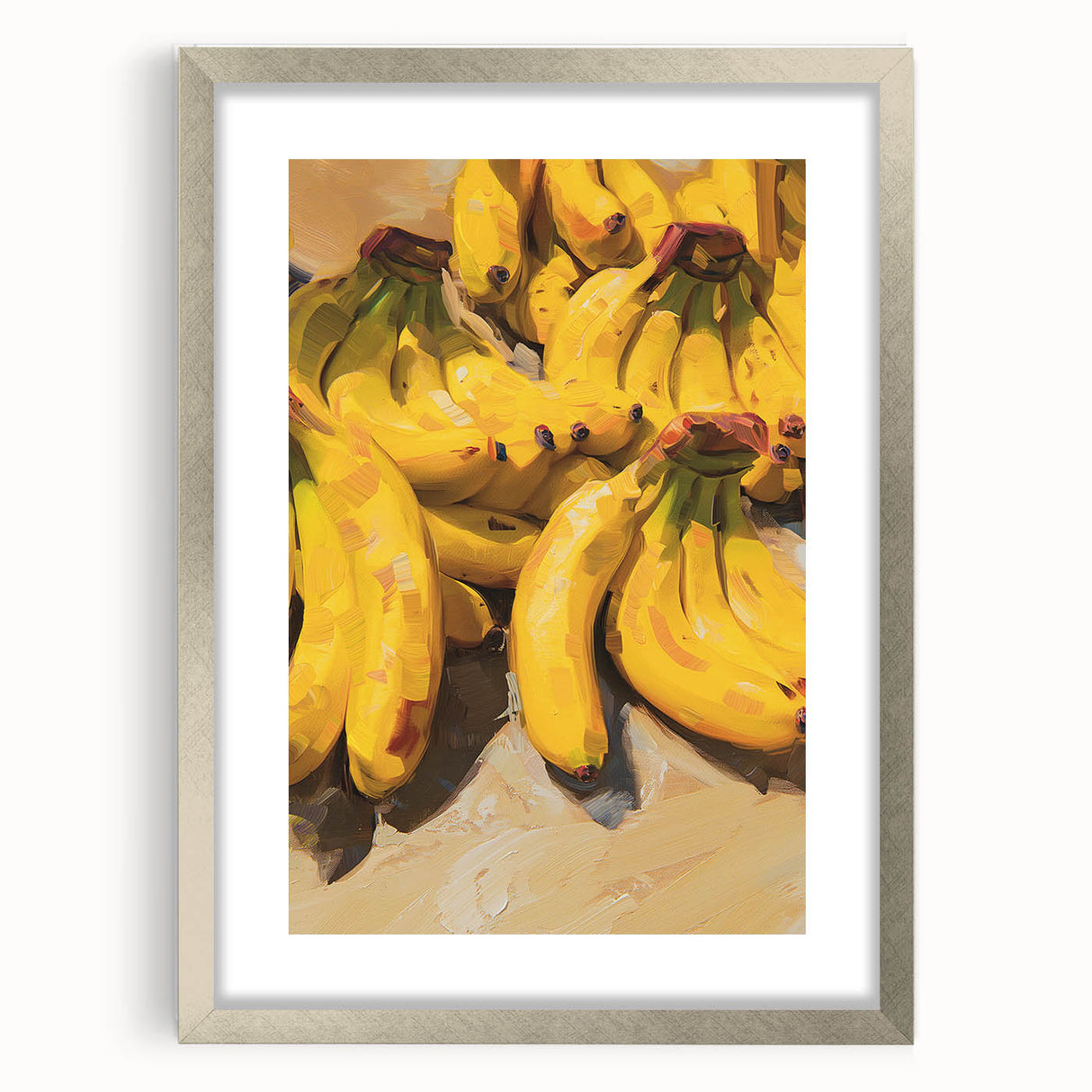 Textured art featuring abstract fruit designs in vibrant colors on a silver-framed mat, ideal for bedroom decor.