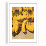 Abstract art print featuring assorted fruits in vibrant colors on a white framed mat, suitable for dining room decor.