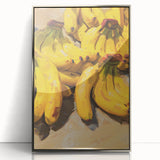 Mid-century modernist art featuring assorted fruits in vibrant colors on a silver-framed acrylic print.