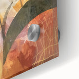 Large abstract wall art in vibrant orange and brown tones on acrylic glass, suitable for bedroom or dining room decor.