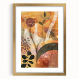 Extra large abstract art print featuring textured autumnal hues on a gold-framed canvas, ideal for living room decor.