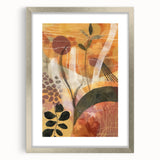 Abstract textured art print in orange and brown hues, framed in silver, ideal for bedroom decor.