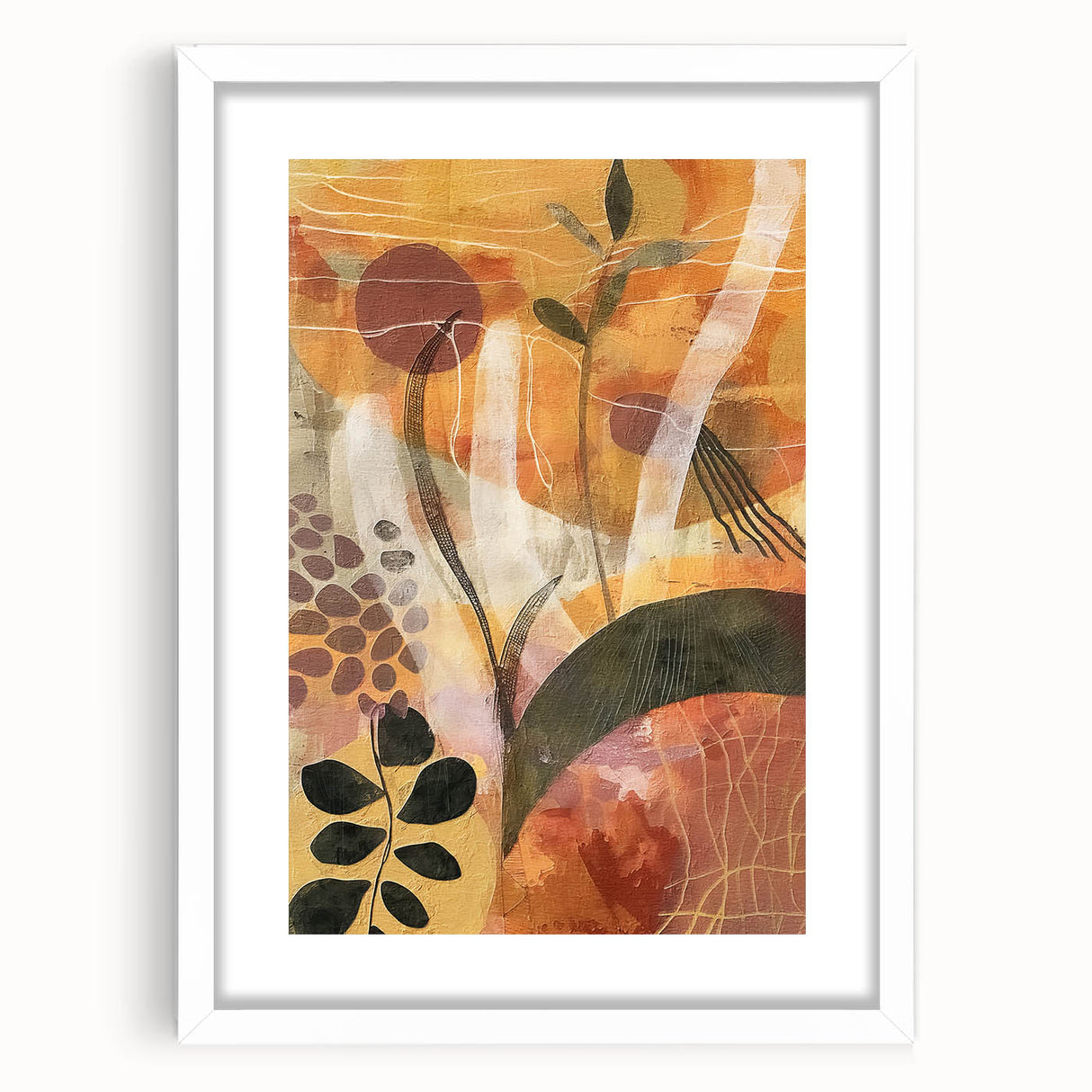 Abstract art print depicting fall foliage in warm orange and brown tones on a white framed canvas.