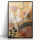 Large abstract wall art featuring autumnal shades on acrylic, framed in black, suitable for a modern living room.