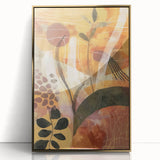 Large art print of a mid-century modernist fall scene in muted gold and orange tones, framed acrylic.