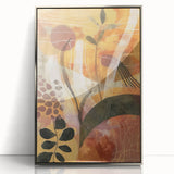 Mid-century modernist art featuring abstract autumnal shapes in warm tones on a silver-framed acrylic print.