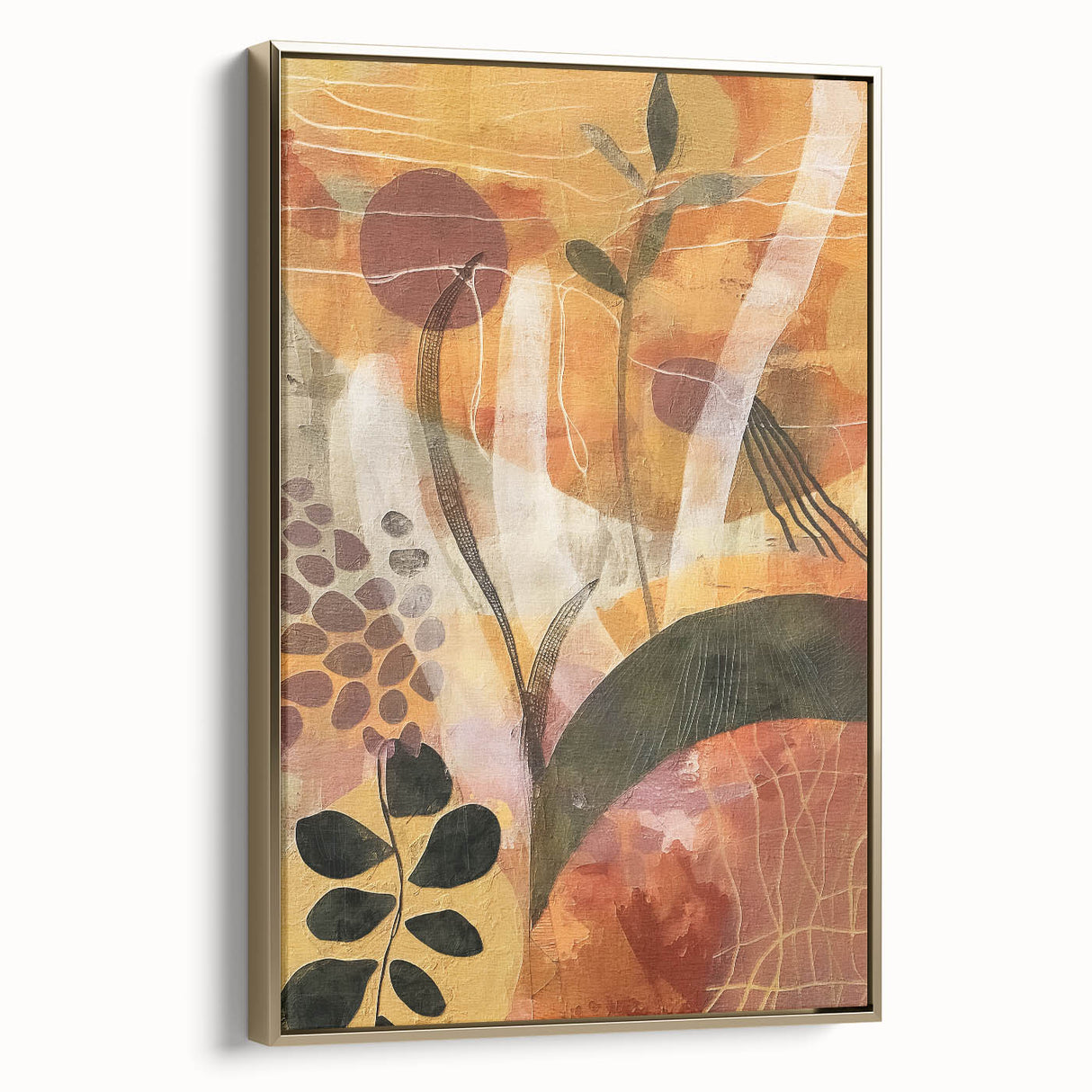 Framed canvas depicting a vintage landscape painting with autumnal trees in muted gold and black tones.