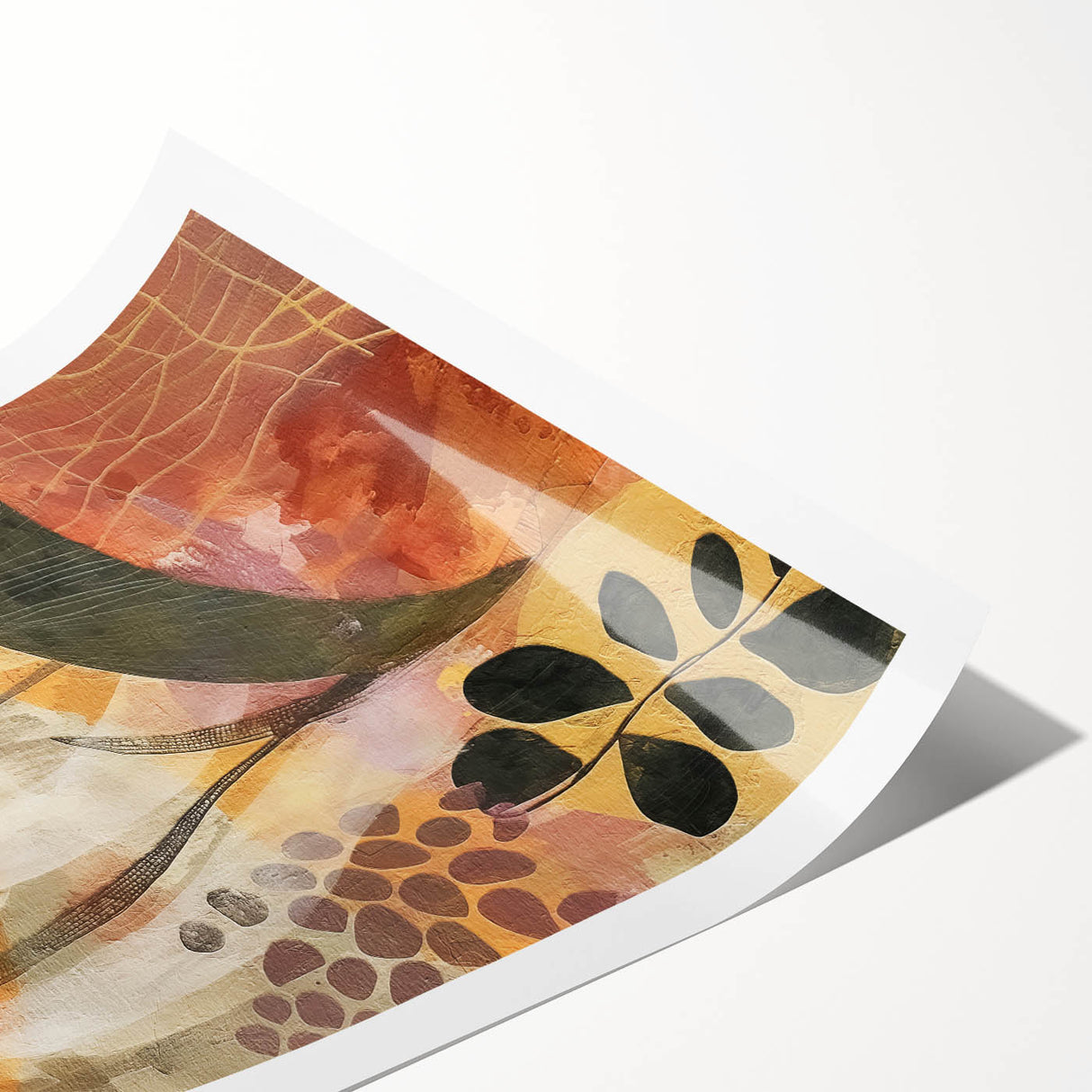 Extra large wall art featuring line art flowers in warm autumn hues on a rolled print, suitable for large living room decor.