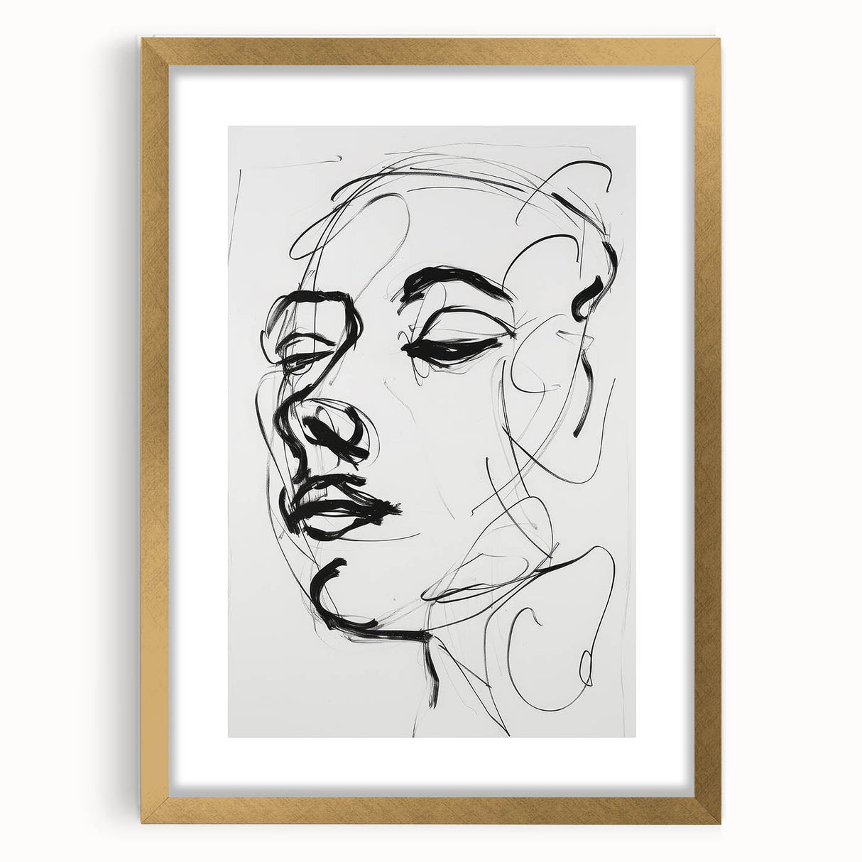 Abstract figurative art frame with a gold mat, showcasing a modern design that complements contemporary interiors. Ideal for adding elegance to any space.