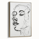 Abstract figurative framed canvas artwork with gold accents, showcasing a modern design in a side view, perfect for enhancing contemporary interior decor.