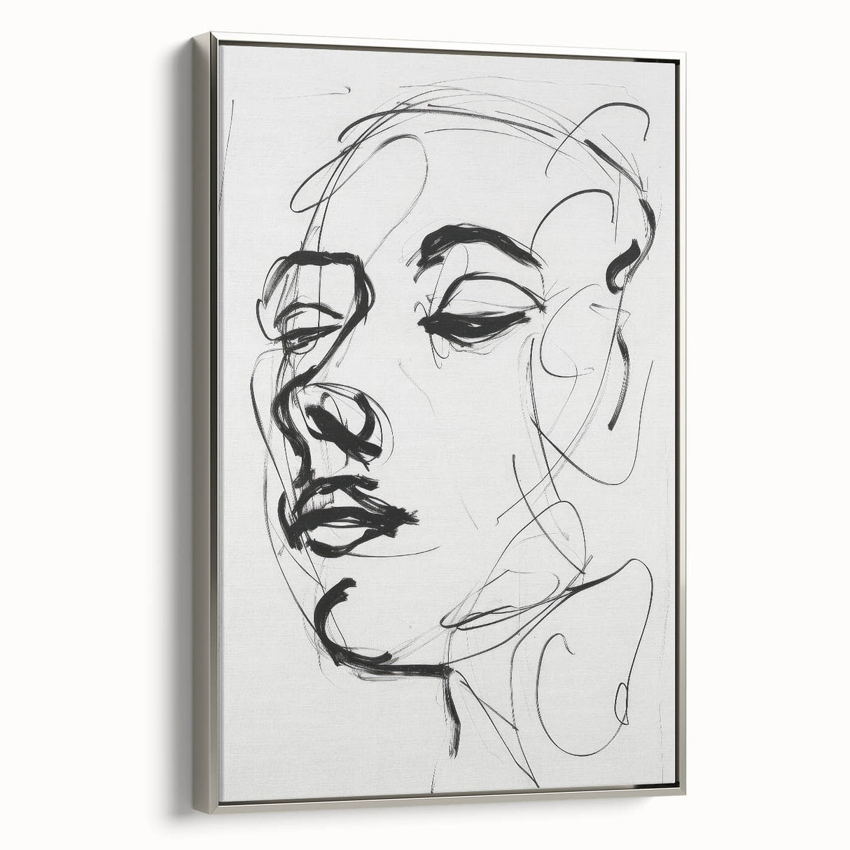 Framed abstract figurative canvas art with a sleek silver frame, showcasing vibrant colors and dynamic shapes, perfect for contemporary home decor.