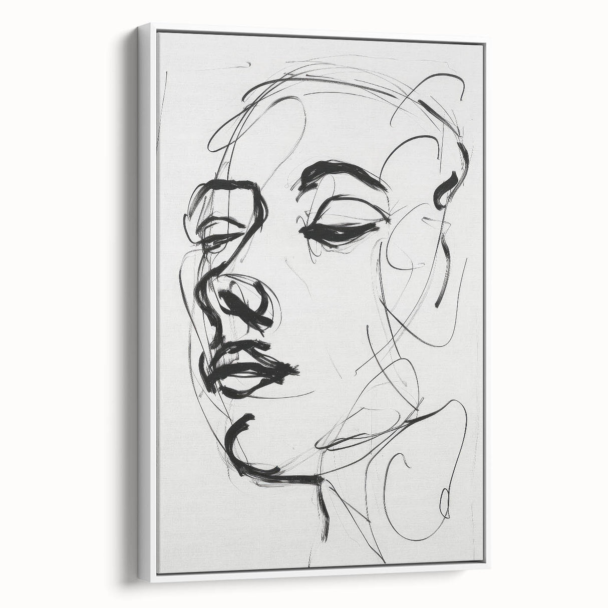 Framed abstract figurative canvas art showcasing a modern white design, side view highlighting its elegant frame and textured surface, ideal for contemporary decor.