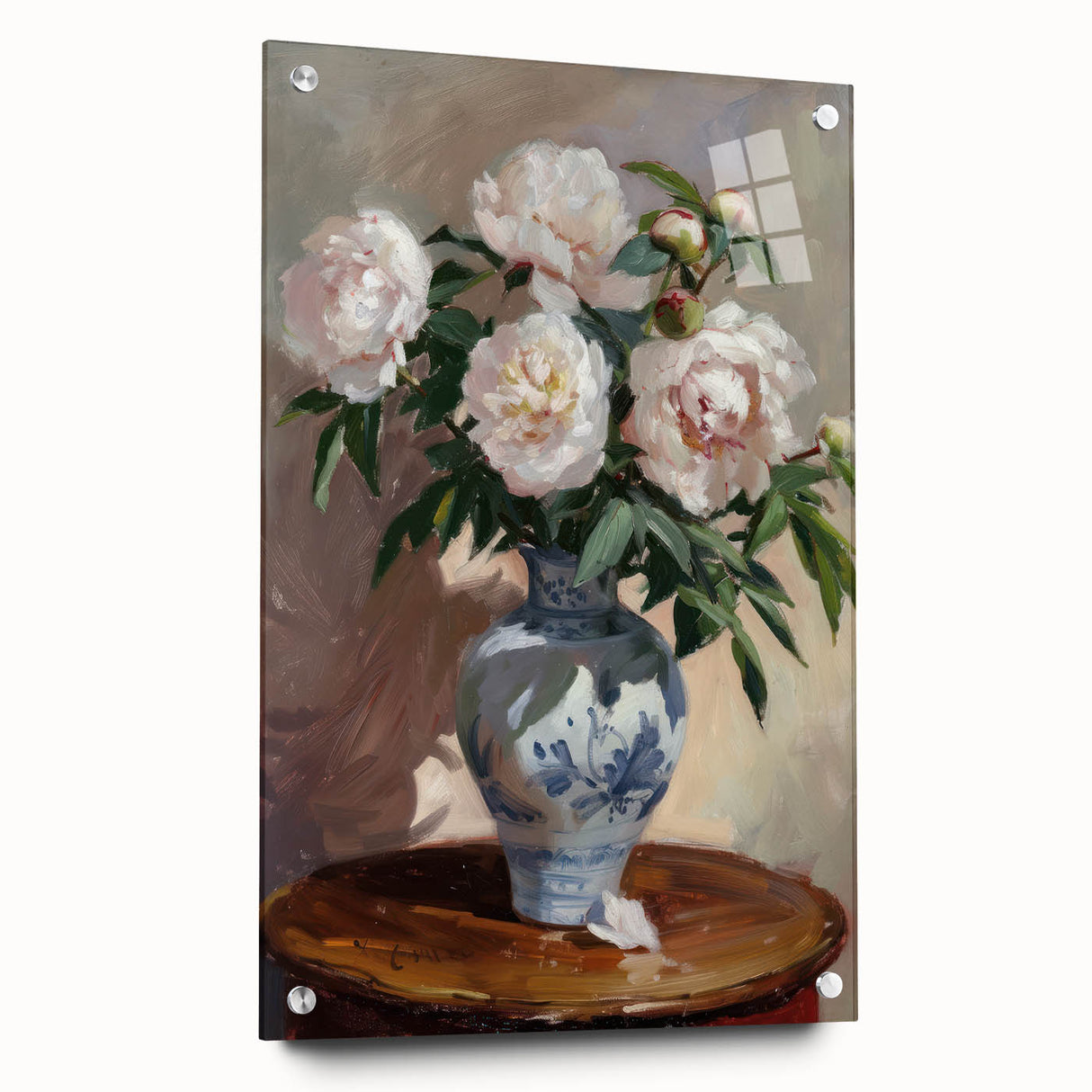 Abstract floral acrylic glass artwork displayed from the side, featuring vibrant colors and intricate designs, secured with decorative pins for a modern aesthetic.