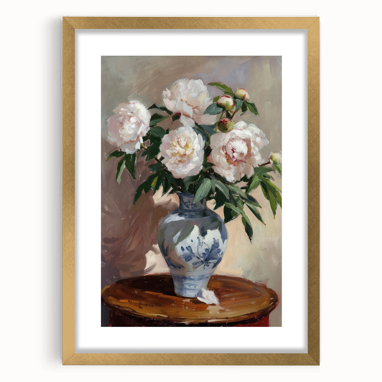 Abstract floral frame with a gold mat showcasing vibrant colors and intricate designs, perfect for enhancing modern decor in living spaces.
