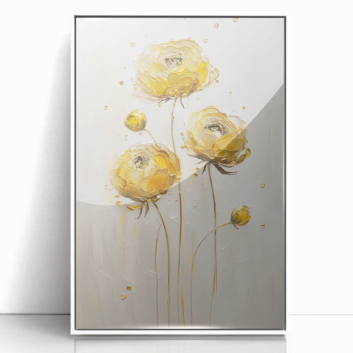 Framed acrylic artwork displaying vibrant abstract floral designs in hues of pink, blue, and green, set against a crisp white background, ideal for modern home decor.