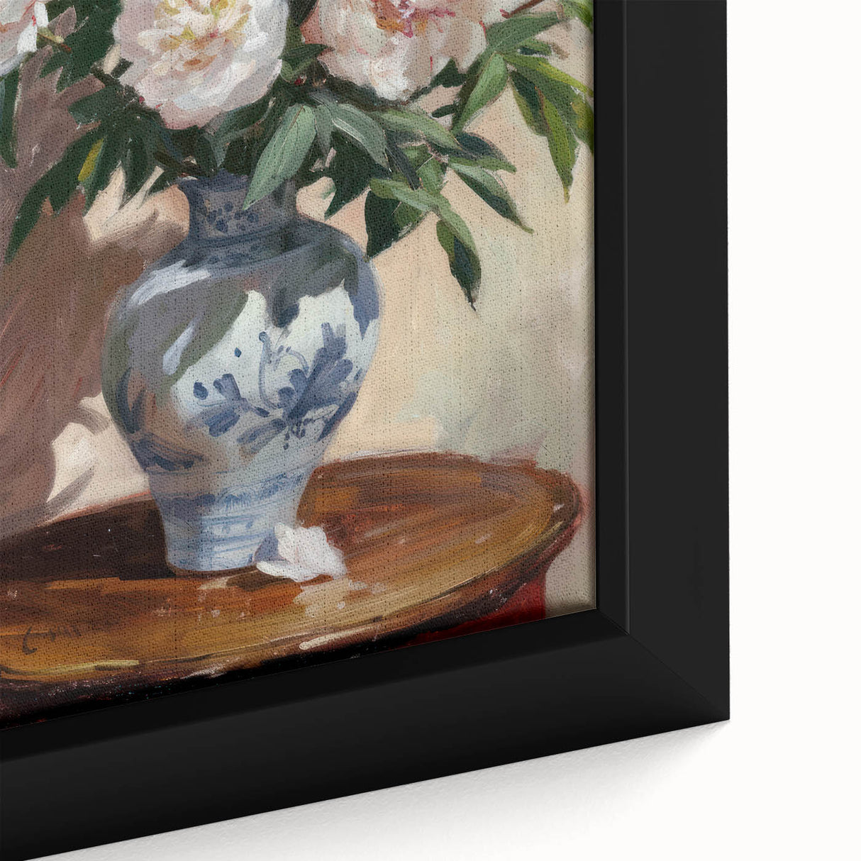 Close-up of a vibrant framed canvas showcasing abstract floral designs in soft pastel colors, perfect for modern home decor.