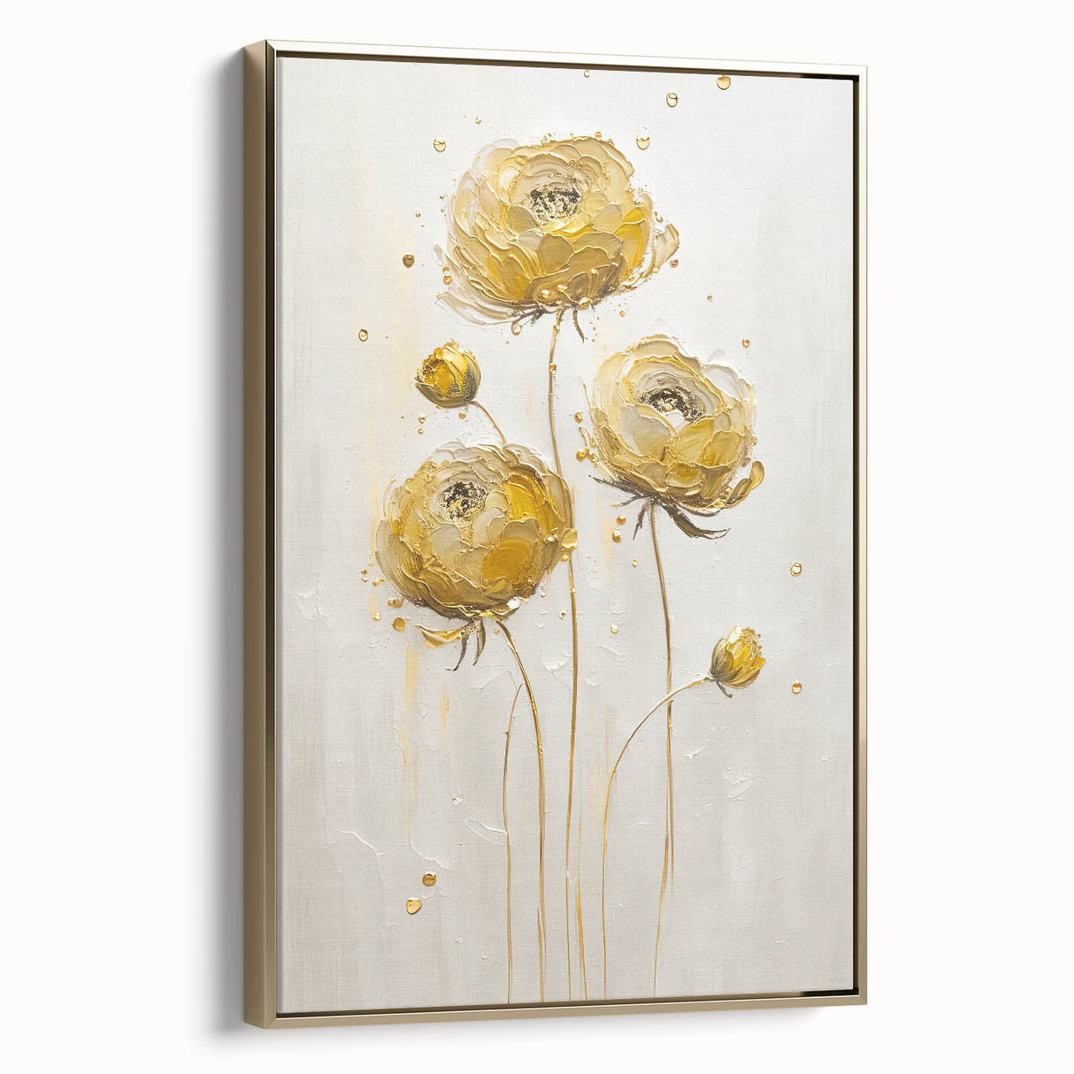 Framed canvas artwork showcasing an elegant abstract floral design in vibrant colors, set against a gold frame, ideal for modern home decor.