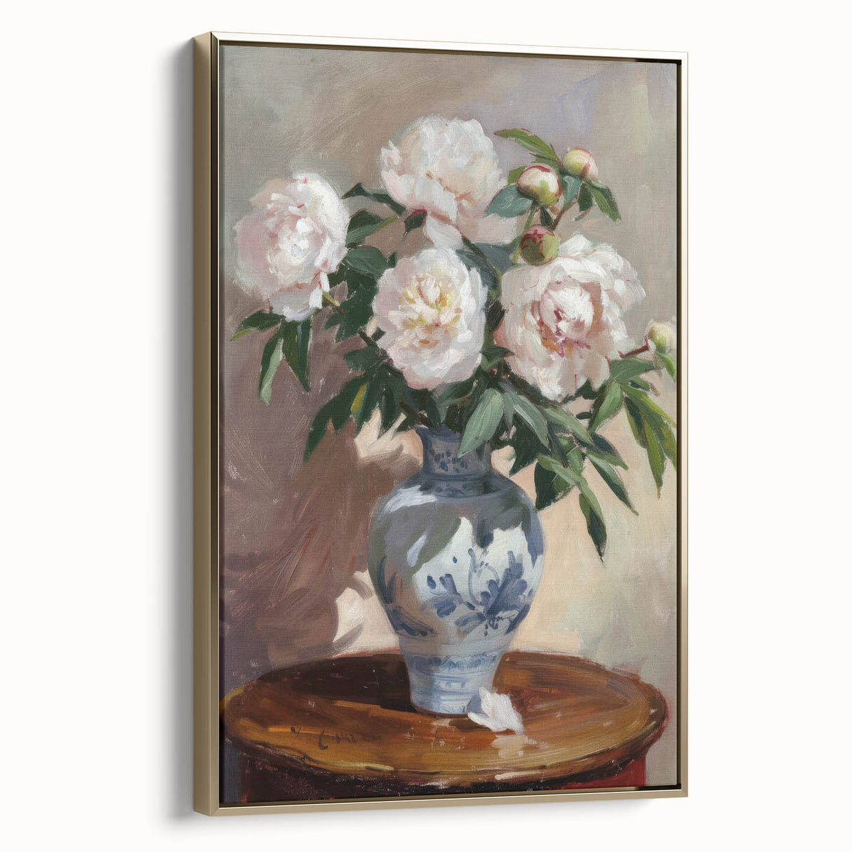 Framed canvas art showcasing an abstract floral design in vibrant colors, featuring a gold frame with a side view perspective, perfect for modern decor.