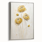 Framed canvas artwork showcasing abstract floral designs in vibrant colors, elegantly displayed from a silver side view, perfect for modern home decor.