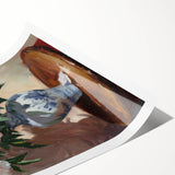 Abstract floral design rolled print showcasing vibrant colors like blue, pink, and green, elegantly packaged in a protective cardboard tube for shipping.