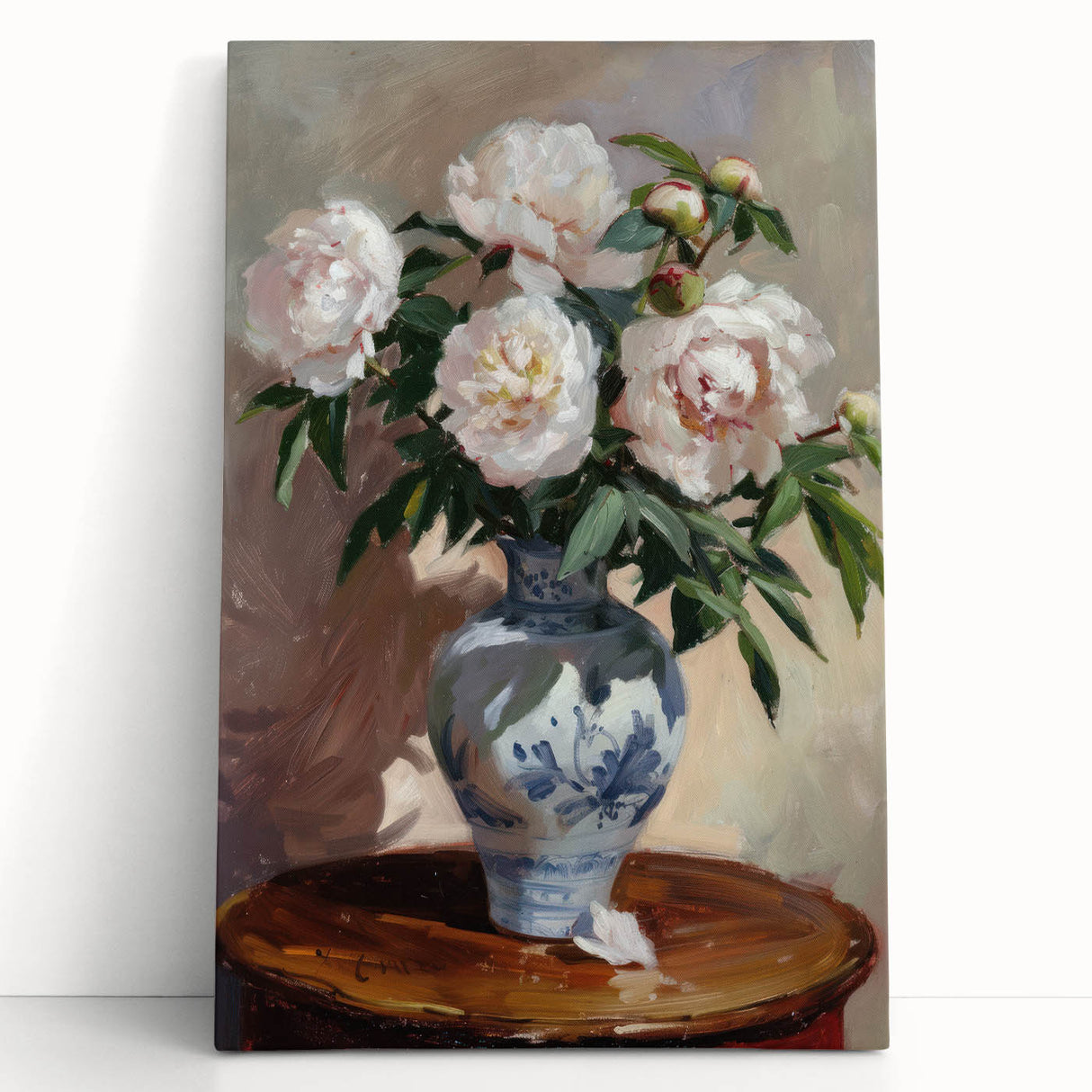 Abstract floral canvas art showcasing vibrant colors and intricate patterns, elegantly leaning against a wall, perfect for modern home decor.