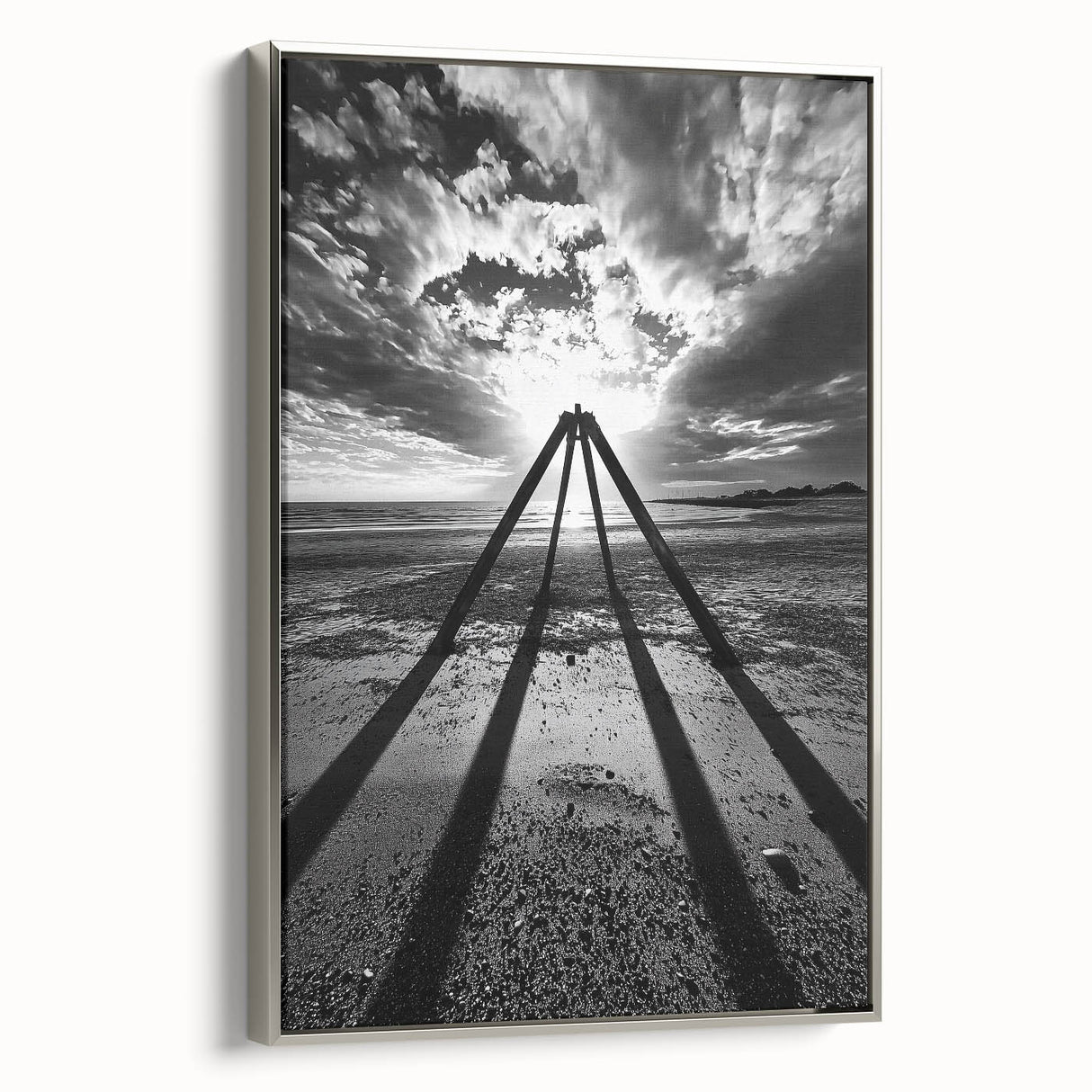 Framed canvas artwork showcasing an abstract landscape design with silver accents, viewed from the side, ideal for modern home decor and art enthusiasts.