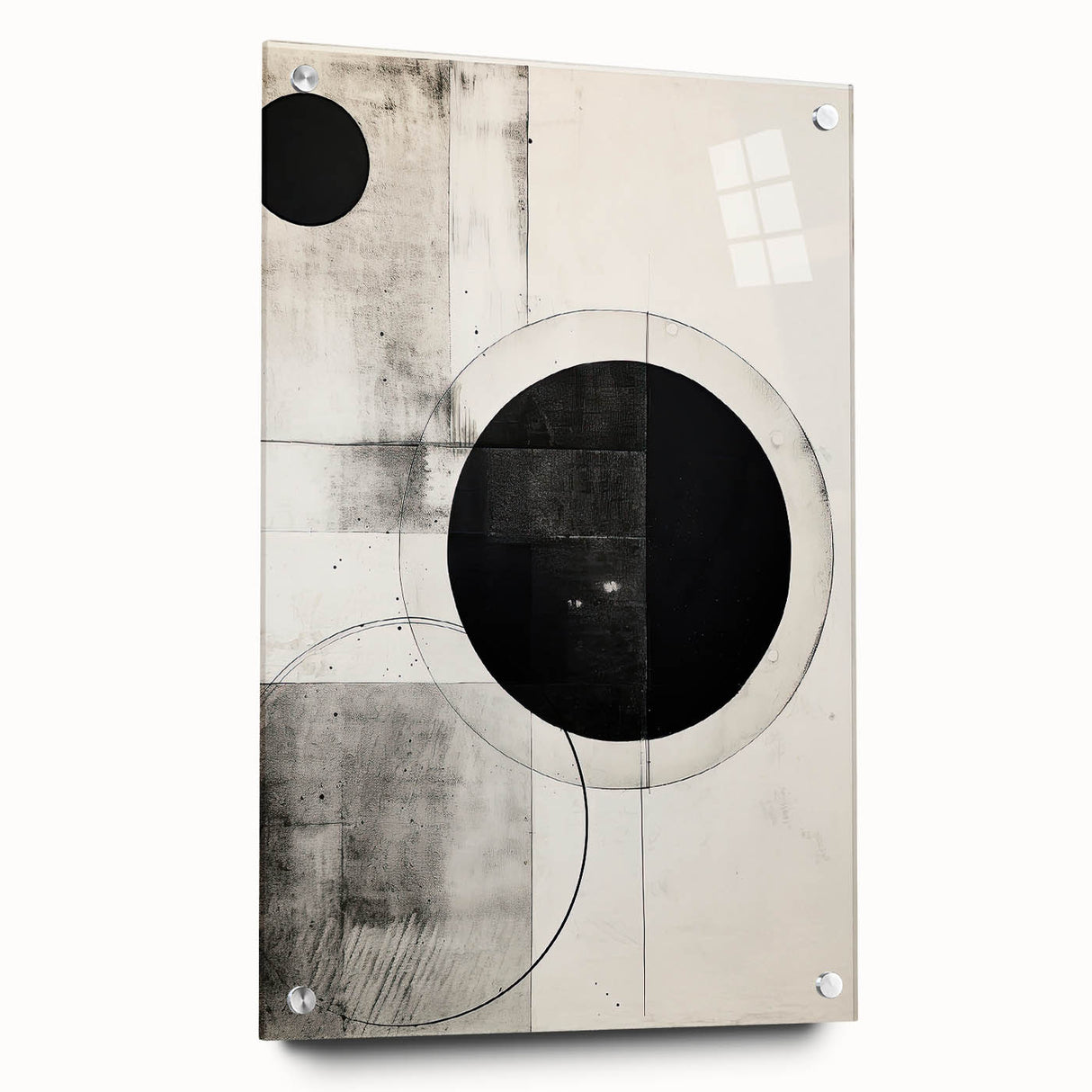 Abstract minimalist wall art displayed in a side view, featuring a sleek acrylic glass frame with visible pins, showcasing a modern design suitable for contemporary interiors.