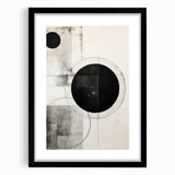 Abstract minimalist wall art framed in black with a white mat, showcasing geometric shapes and soft color tones, ideal for modern home decor.