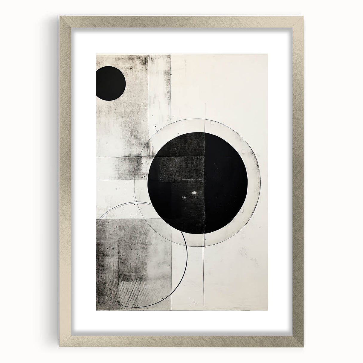 Abstract minimalist wall art framed in silver with a white mat, showcasing a modern design that enhances contemporary decor in any setting.