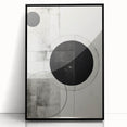 Abstract minimalist wall art in a sleek black frame, showcasing geometric shapes and subtle color gradients, perfect for modern home decor or office aesthetics.